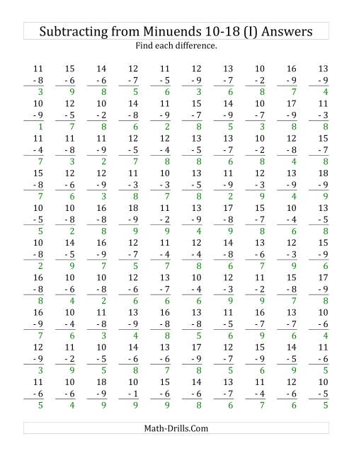 The 100 Subtraction Questions with Minuends From 10 to 18 (I) Math Worksheet Page 2