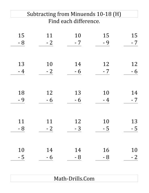 The 25 Subtraction Questions with Minuends From 10 to 18 (H) Math Worksheet