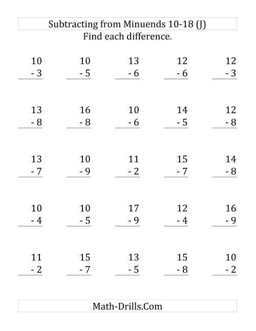 The 25 Subtraction Questions with Minuends From 10 to 18 (J) Math Worksheet