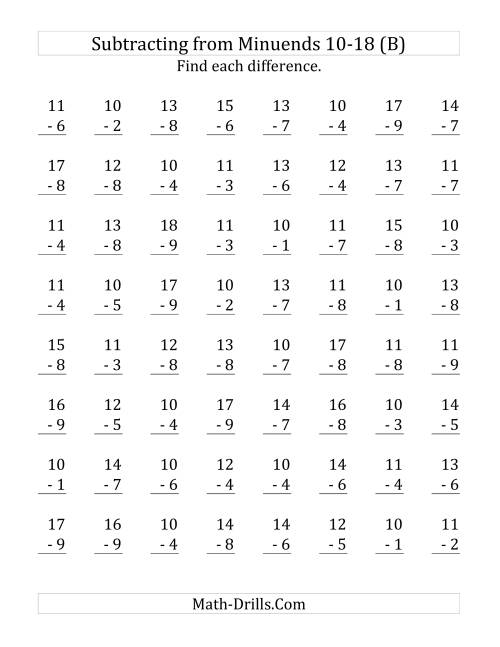 The 64 Subtraction Questions with Minuends From 10 to 18 (B) Math Worksheet