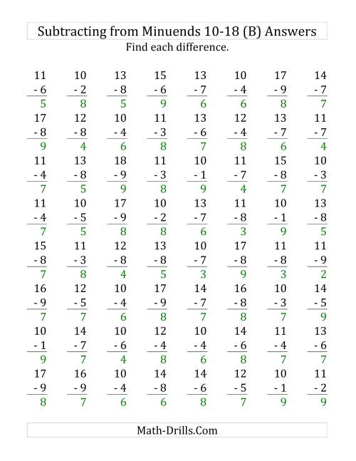 The 64 Subtraction Questions with Minuends From 10 to 18 (B) Math Worksheet Page 2