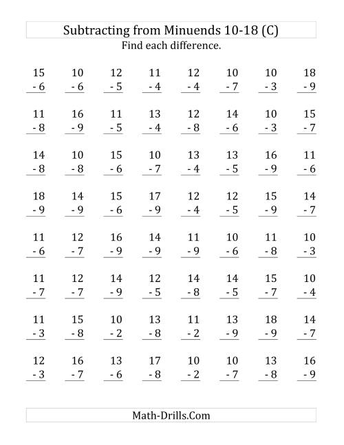 The 64 Subtraction Questions with Minuends From 10 to 18 (C) Math Worksheet