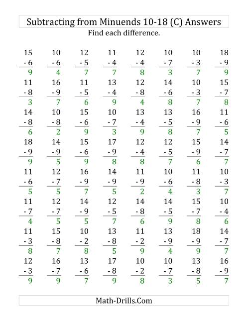 The 64 Subtraction Questions with Minuends From 10 to 18 (C) Math Worksheet Page 2