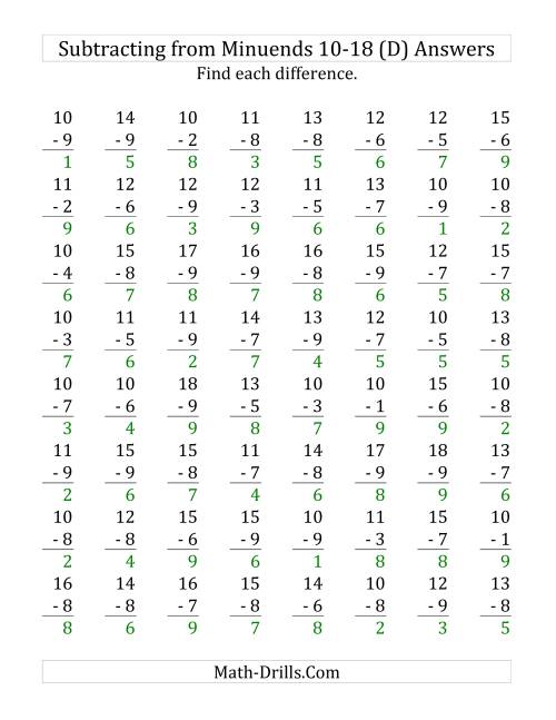 The 64 Subtraction Questions with Minuends From 10 to 18 (D) Math Worksheet Page 2