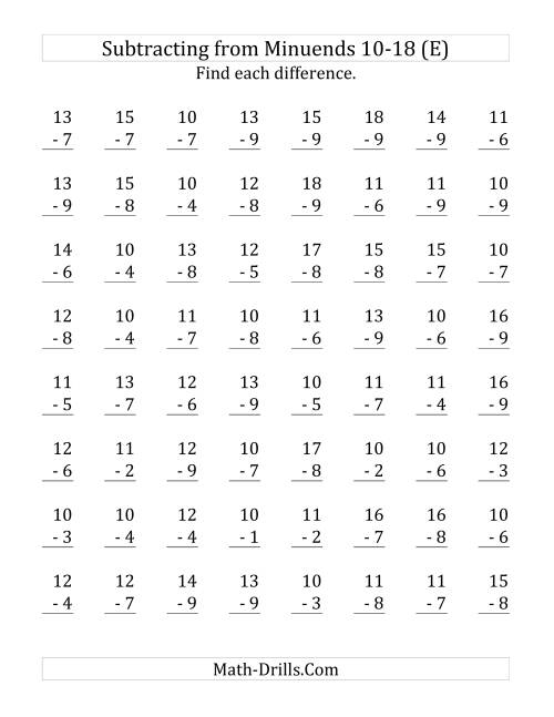 The 64 Subtraction Questions with Minuends From 10 to 18 (E) Math Worksheet