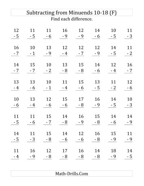 The 64 Subtraction Questions with Minuends From 10 to 18 (F) Math Worksheet