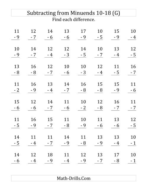The 64 Subtraction Questions with Minuends From 10 to 18 (G) Math Worksheet