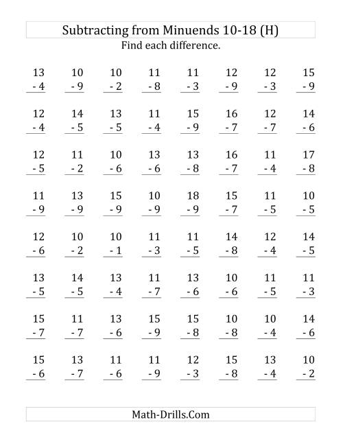 The 64 Subtraction Questions with Minuends From 10 to 18 (H) Math Worksheet
