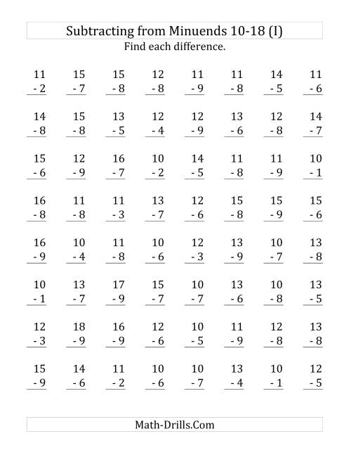 The 64 Subtraction Questions with Minuends From 10 to 18 (I) Math Worksheet