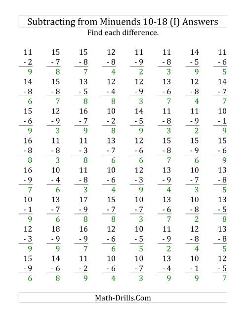 The 64 Subtraction Questions with Minuends From 10 to 18 (I) Math Worksheet Page 2