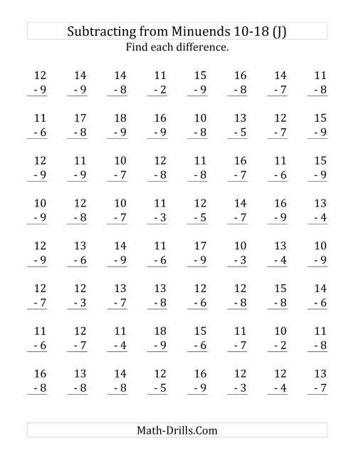 The 64 Subtraction Questions with Minuends From 10 to 18 (J) Math Worksheet