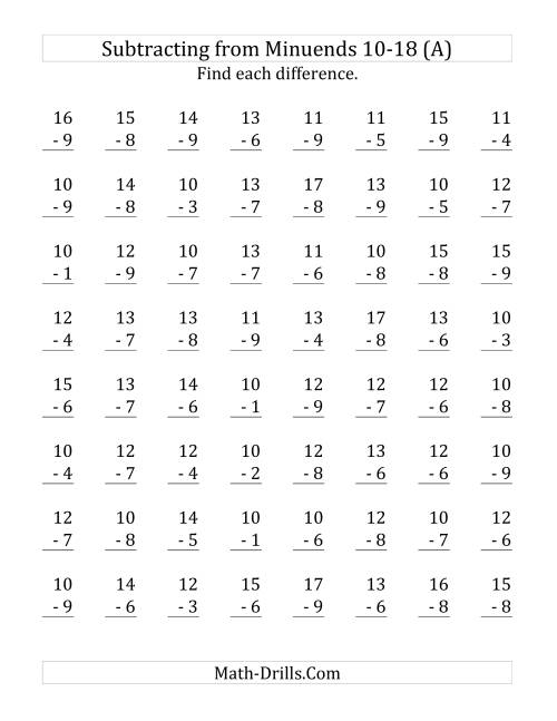 The 64 Subtraction Questions with Minuends From 10 to 18 (All) Math Worksheet