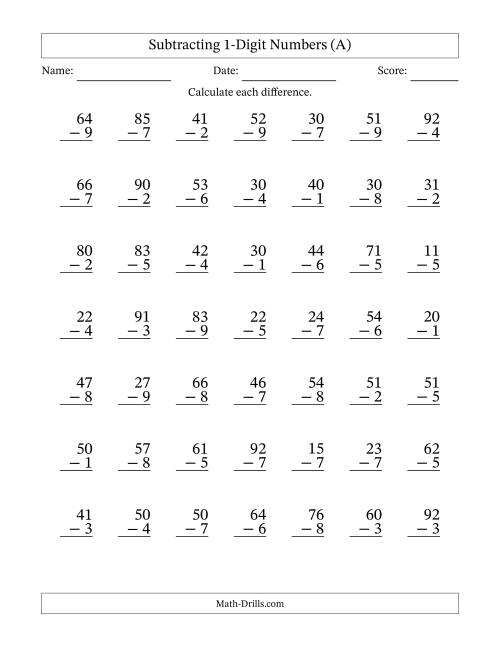The Subtracting 1-Digit Numbers With All Regrouping (49 Questions) (A) Math Worksheet