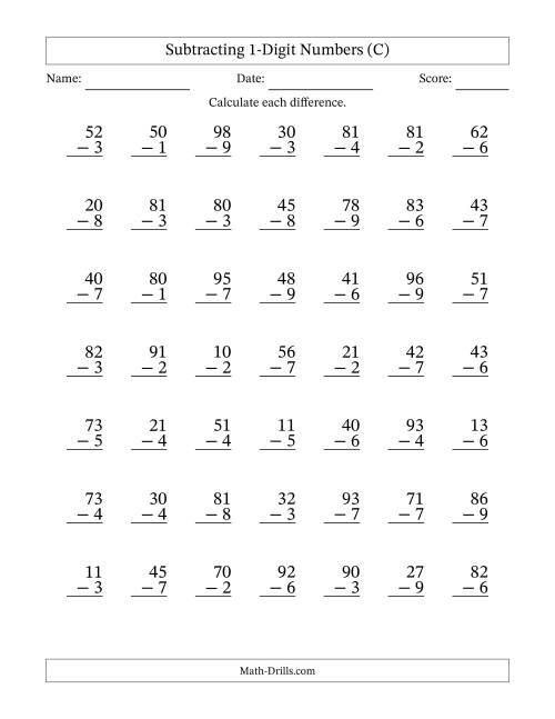 The Subtracting 1-Digit Numbers With All Regrouping (49 Questions) (C) Math Worksheet