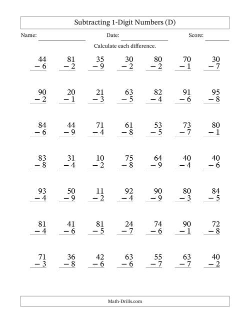 The Subtracting 1-Digit Numbers With All Regrouping (49 Questions) (D) Math Worksheet