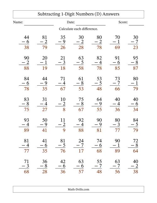 The Subtracting 1-Digit Numbers With All Regrouping (49 Questions) (D) Math Worksheet Page 2