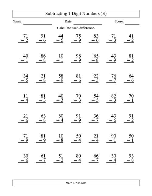 The Subtracting 1-Digit Numbers With All Regrouping (49 Questions) (E) Math Worksheet