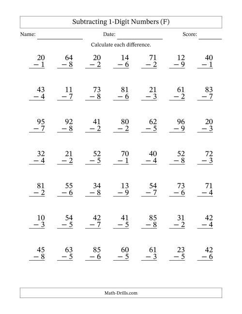 The Subtracting 1-Digit Numbers With All Regrouping (49 Questions) (F) Math Worksheet