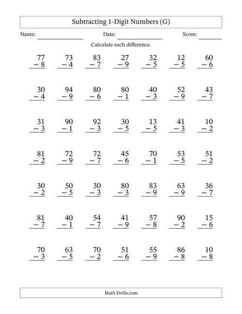 The Subtracting 1-Digit Numbers With All Regrouping (49 Questions) (G) Math Worksheet