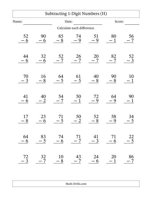 The Subtracting 1-Digit Numbers With All Regrouping (49 Questions) (H) Math Worksheet