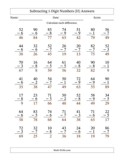 The Subtracting 1-Digit Numbers With All Regrouping (49 Questions) (H) Math Worksheet Page 2