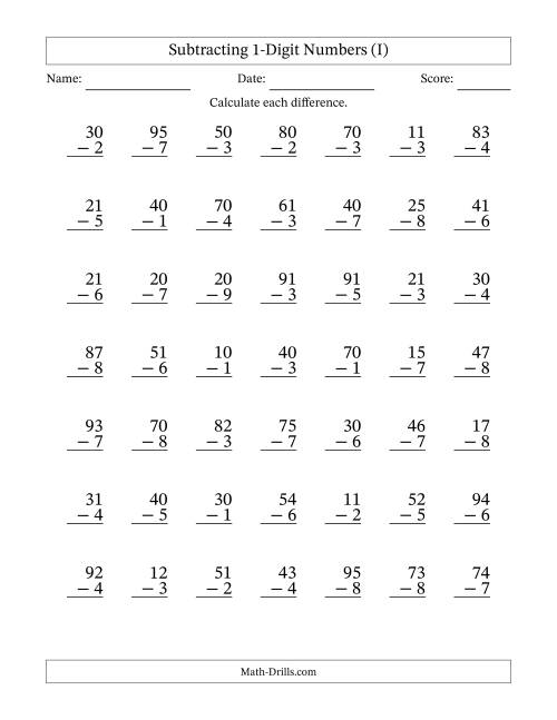 The Subtracting 1-Digit Numbers With All Regrouping (49 Questions) (I) Math Worksheet