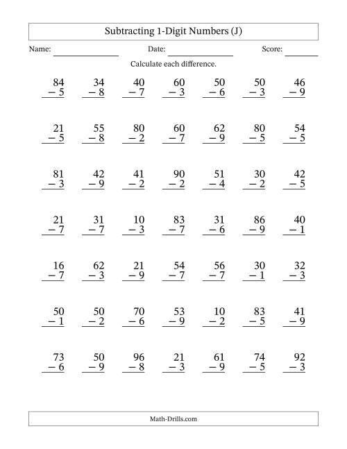 The Subtracting 1-Digit Numbers With All Regrouping (49 Questions) (J) Math Worksheet