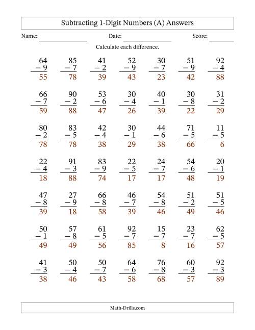 The Subtracting 1-Digit Numbers With All Regrouping (49 Questions) (All) Math Worksheet Page 2