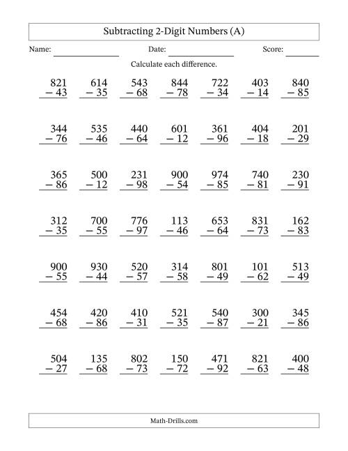 The Subtracting 2-Digit Numbers with All Regrouping (A) Math Worksheet