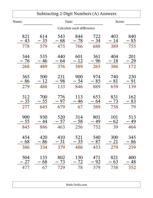 The Subtracting 2-Digit Numbers with All Regrouping (A) Math Worksheet Page 2