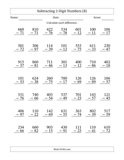 The Subtracting 2-Digit Numbers With All Regrouping (49 Questions) (B) Math Worksheet