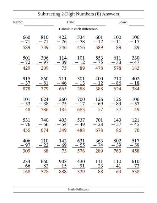 The Subtracting 2-Digit Numbers With All Regrouping (49 Questions) (B) Math Worksheet Page 2