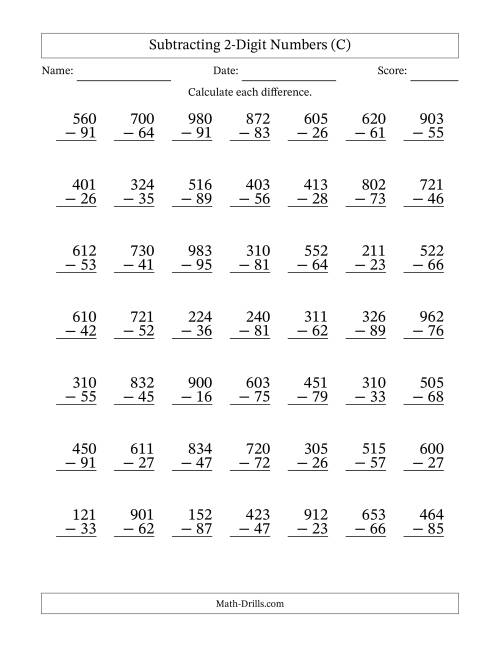 The Subtracting 2-Digit Numbers With All Regrouping (49 Questions) (C) Math Worksheet