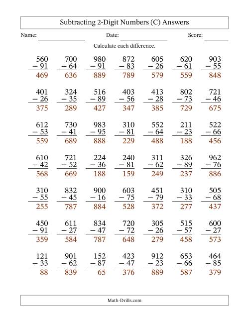 The Subtracting 2-Digit Numbers With All Regrouping (49 Questions) (C) Math Worksheet Page 2