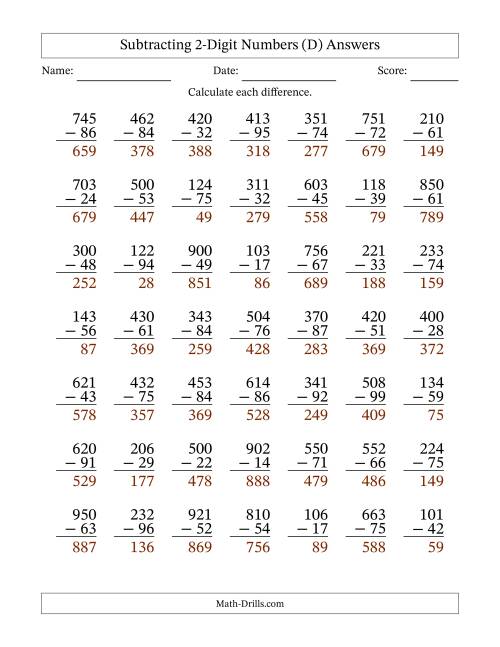 The Subtracting 2-Digit Numbers With All Regrouping (49 Questions) (D) Math Worksheet Page 2