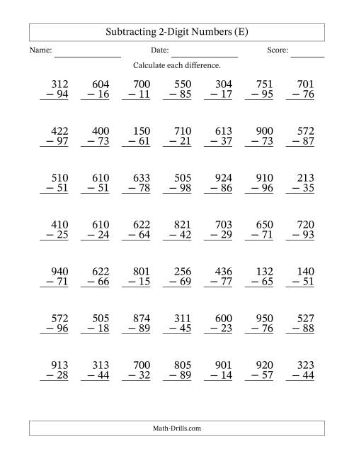 The Subtracting 2-Digit Numbers With All Regrouping (49 Questions) (E) Math Worksheet