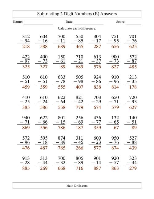 The Subtracting 2-Digit Numbers With All Regrouping (49 Questions) (E) Math Worksheet Page 2