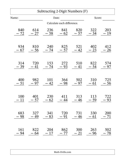 The Subtracting 2-Digit Numbers With All Regrouping (49 Questions) (F) Math Worksheet