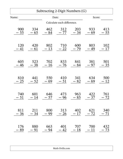 The Subtracting 2-Digit Numbers With All Regrouping (49 Questions) (G) Math Worksheet