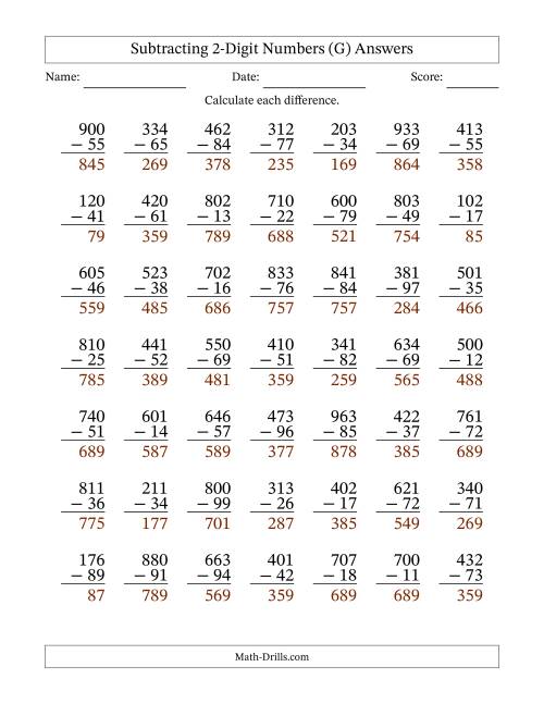 The Subtracting 2-Digit Numbers With All Regrouping (49 Questions) (G) Math Worksheet Page 2