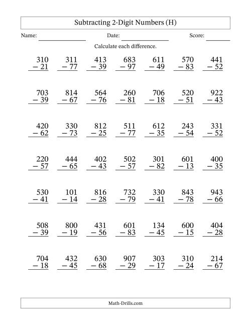 The Subtracting 2-Digit Numbers With All Regrouping (49 Questions) (H) Math Worksheet