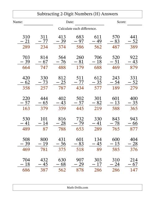 The Subtracting 2-Digit Numbers With All Regrouping (49 Questions) (H) Math Worksheet Page 2