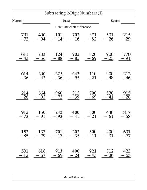 The Subtracting 2-Digit Numbers With All Regrouping (49 Questions) (I) Math Worksheet