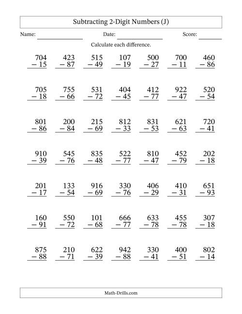 The Subtracting 2-Digit Numbers With All Regrouping (49 Questions) (J) Math Worksheet