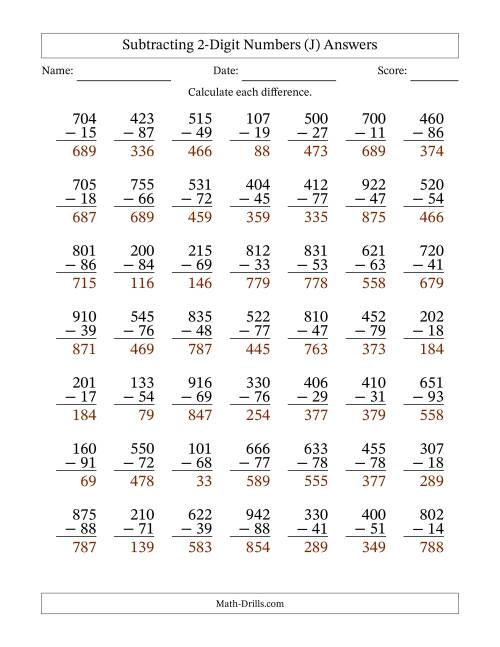 The Subtracting 2-Digit Numbers With All Regrouping (49 Questions) (J) Math Worksheet Page 2