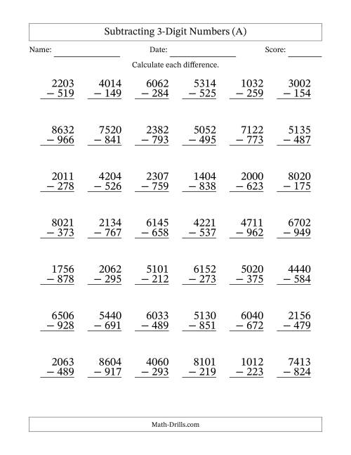 The Subtracting 3-Digit Numbers with All Regrouping (A) Math Worksheet