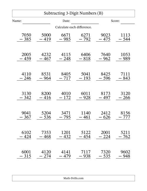 The Subtracting 3-Digit Numbers with All Regrouping (B) Math Worksheet