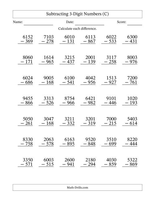 The Subtracting 3-Digit Numbers With All Regrouping (42 Questions) (C) Math Worksheet