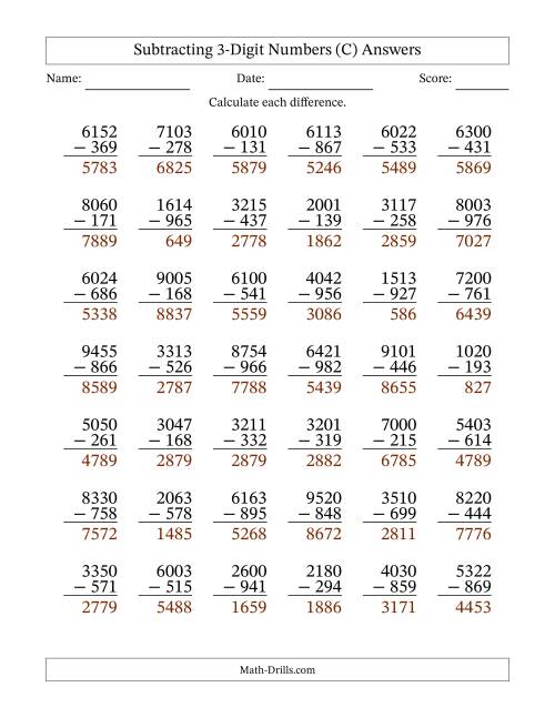 The Subtracting 3-Digit Numbers With All Regrouping (42 Questions) (C) Math Worksheet Page 2