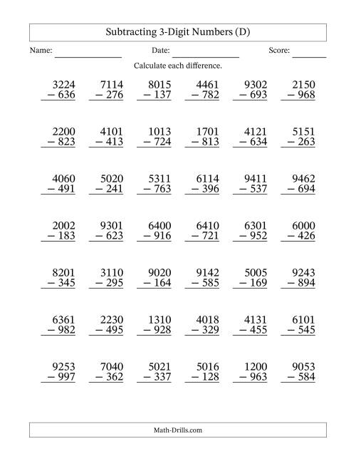 The Subtracting 3-Digit Numbers With All Regrouping (42 Questions) (D) Math Worksheet